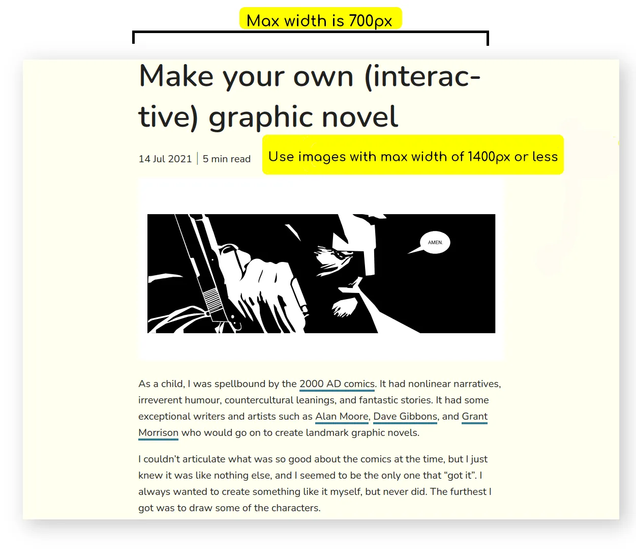 show example of blog post with width on desktop and highlight max width of image