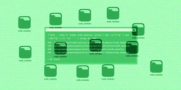A reto-looking greenish computer screen show various node_modules folders scattered across a desktop with a commmad prompt running a command.