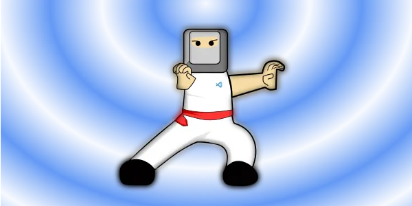 A ninja with a key from a keyboard as his head is in a striking pose. On the chest of his white outfit is a VS Code logo.