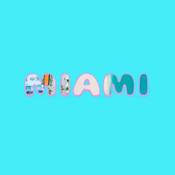 The word 'Miami' is written in a bubble-shaped typeface. The text has a pink stroke and is filled with an image of beach scene.