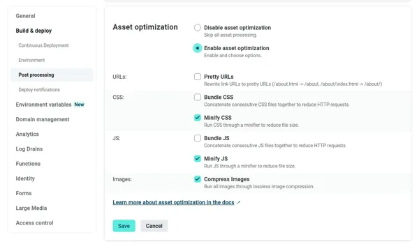 asset optimization options in netlify ui