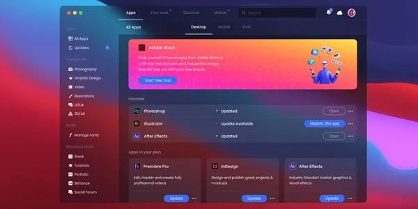 A redesign of the Adobe Creative Cloud app using glassmorphism. The window is semi-transparent and shows the background underneath in blurred fashion. It has a side panel with the categories: apps, categories, fonts, and resource links. The central area shows all the apps installed. The design is very eye catching.
