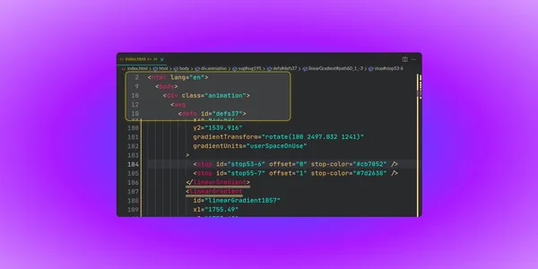 A screenshot of a HTML document in VS Code has has a highlighted box emphasizig the sticky section. The lines 2, 9, 10, 12 and 18 are fixed to the top of the document showing the opening tags of HTML elements.