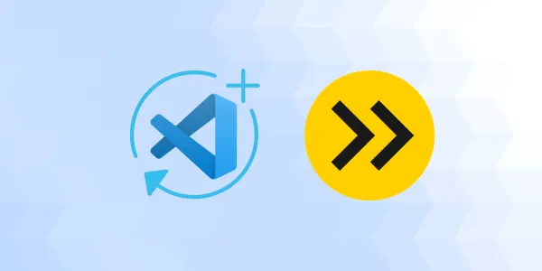 The VS Code logo is shown surrounded by  a plus sign with an arrow line encircling it, this indicates the concept of extending it!  Next to it is the esbuild logo which is a yellow circle with 2 right chevrons.