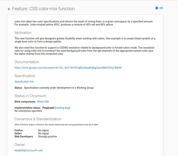 screenshot of chrome feature staus for color-mix css function