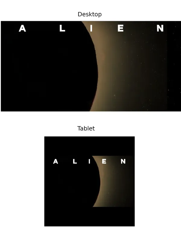 On the desktop view, the background image takes up 100% of space. On tablet, the background image does not takes up all of the vertical space and has a letterbox appearance.