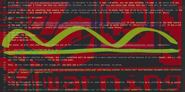 A semi-translucent text editor is showing a markdown file. In the background, an image depicting some grafitti, there is a skull accompanied by the word warning.