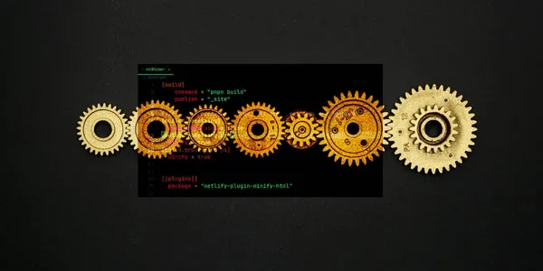 A series of gears fill the center of the image. Superimposed on it is a toml file with instructions.