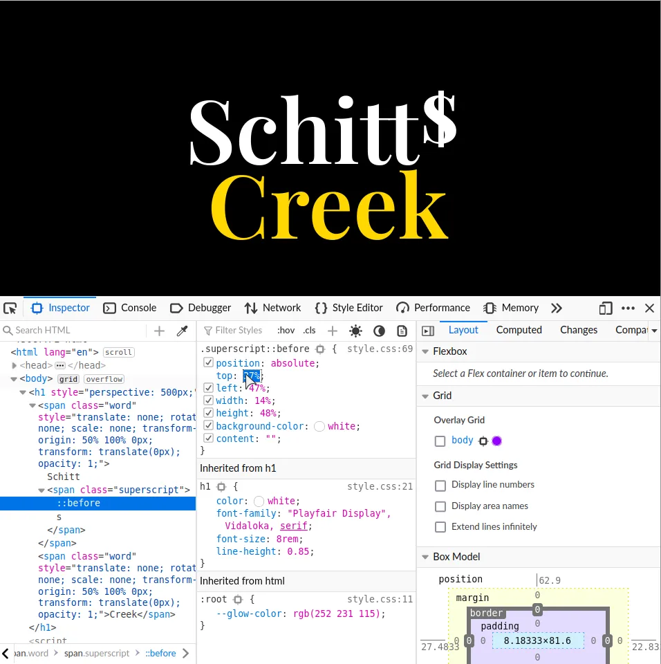 finding right values for the dimension and position properties for the superscript S in browser devtools