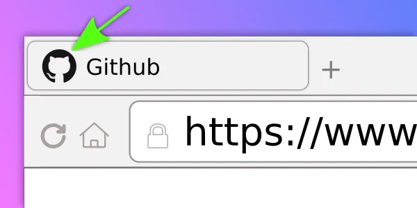 A closeup of the tab of a browser. The tab is for Github, it shows a favicon and the title.A green arrow is pointing towards the favicon.
