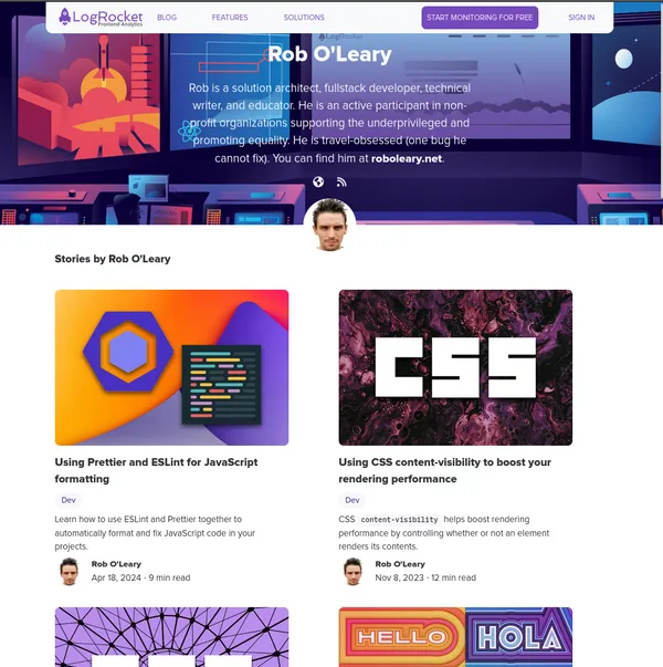 This is the LogRocket author page for rob oleary listing articles written for the blog. It features articles sorted from recent to least recent.