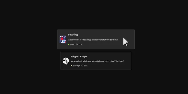 Two cards outlining the details of Git repositories. The first card has the cursor hovering over it triggering an effect. The hover effect scales up the card and changes its background to a lighter colour, and both the image and the circle marker for the language are fully saturated.