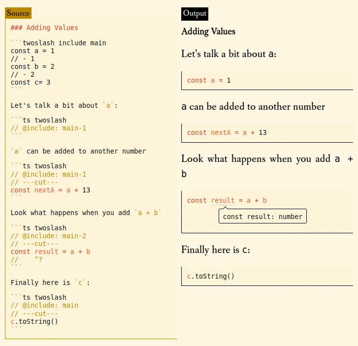 Side by side demonstration of twoslash's interrelated code block syntax.