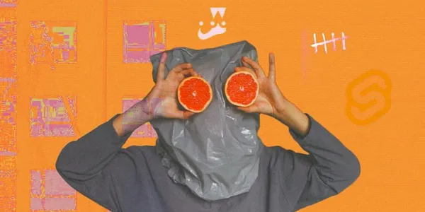 The Jest and Svelte logos are surroinding a man wearing with a plastic bag on his head holding up 2 halved oranges at a height where his eyes would be.