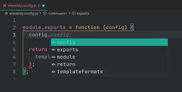 default autocompletion in eleventy config file