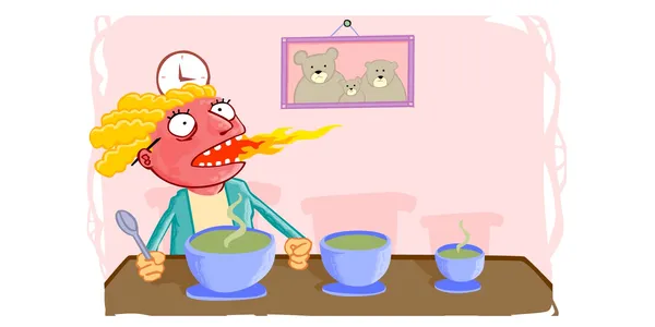 A cartoon of goldilocks is eating the biggest of 3 bowls of porridge and is breathing fire. There is a picture of 3 bears in the background.