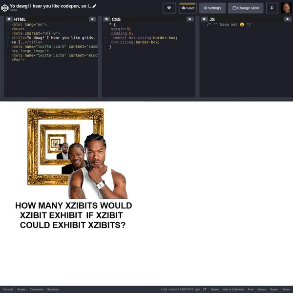 The codepen user interface with a pen containing an XZIBIT meme