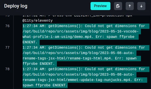 screenshot of deploy log showing errors from the getDimensions() function