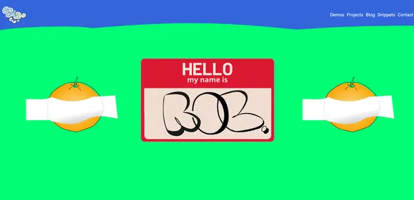 A screenshot of the home page of my website. It has a main navigation that resembles a skyline with a cloud as icon and links in white. A name tag is in the center which says my name is rob. Rob is drawn in a street art style. The backgound features an orange duct-tapped to a green surface.