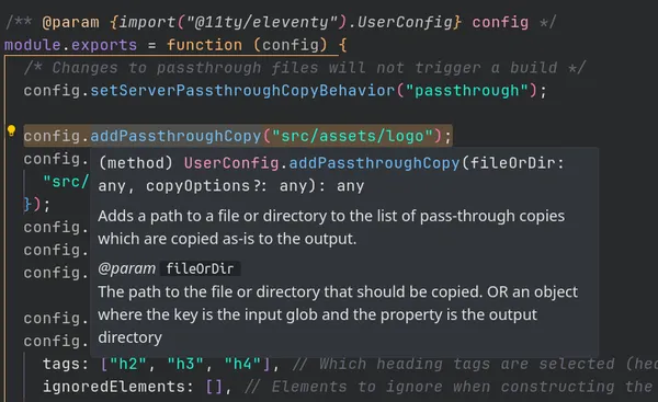 Hover information on config functions in eleventy config file in VS Code