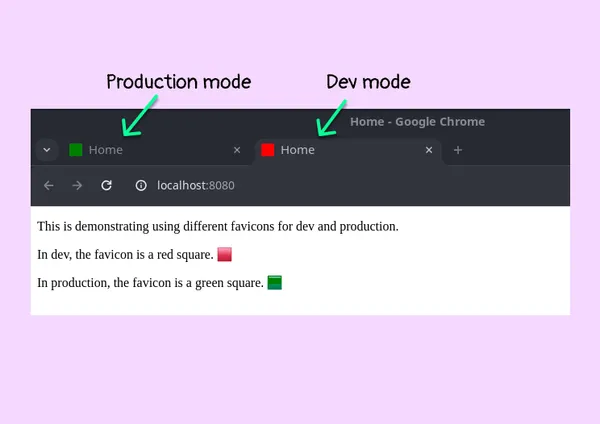 showing different favicons on tabs that indicate if website is dev or production version. the dev version has a red square, the production vesion has a green square.