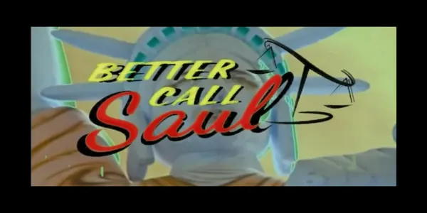 The title card for the tv series Better Call Saul. In the background is an inflatable lady liberity. The title is written in a sketchy cursive fot with a strong offset black shadow. A feathery sketch of a balancing scales is beside the title.