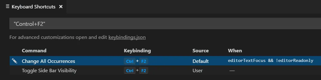 searching for control and f2 keybinding in the shotcut keyboard editor