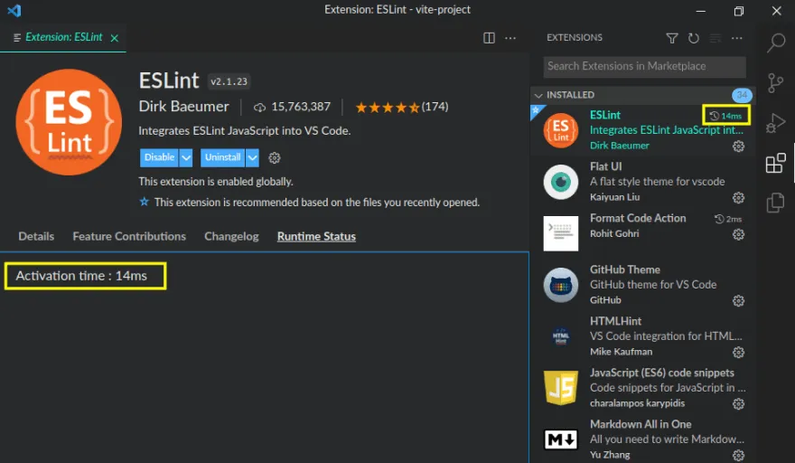 activation time show in extensions sidebar