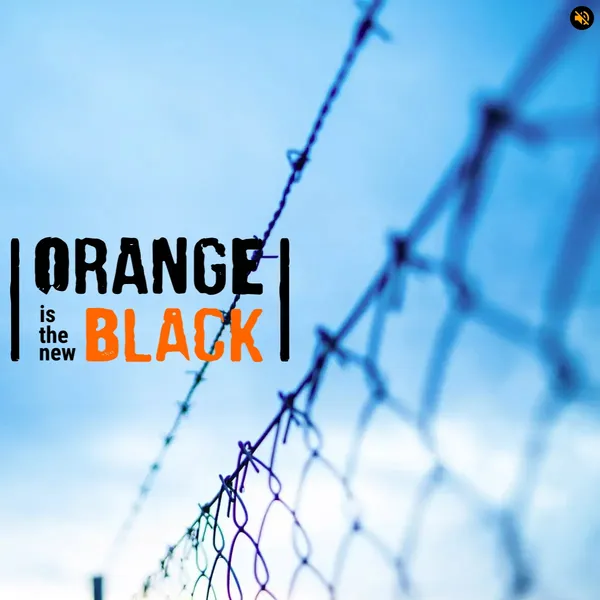 The text 'Orange is the new Black' is contained within 2 black bars. The text is black, with the exception of the word 'black' which is orange ironically. The text has battered apperance. In the backgound is an oblique view of a wire fence with barbed wire on top.