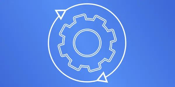 A white outline of a cog is surrounded encircled in an arrow cast against a blue background. It has the appearance of a blueprint.