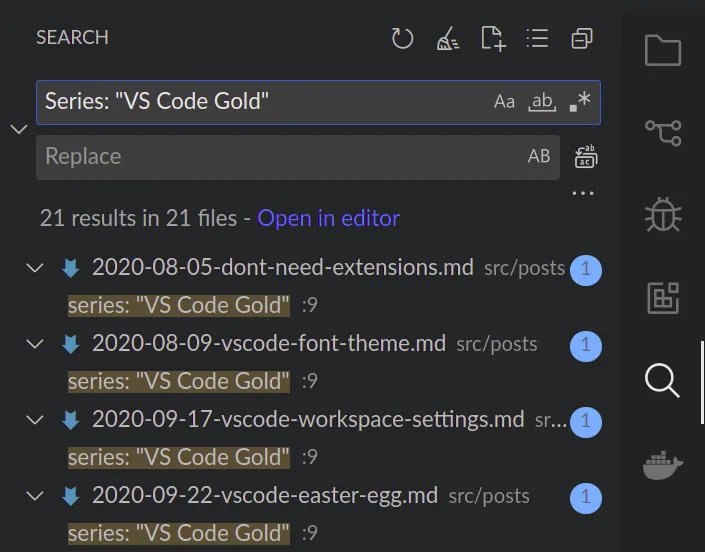 searching for the text "series: VS Code Gold" in the search panel in sidebar in vs code
