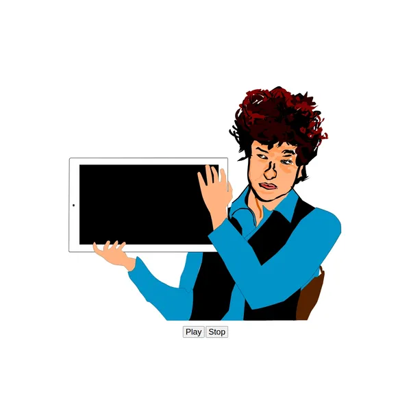 A drawing of a young Bob Dylan holding a tablet. It is similar to the pose in his music video for Subterranean Homesick Blues.