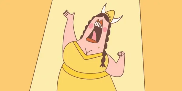 A cartoon of a female opera singer hitting a high note.