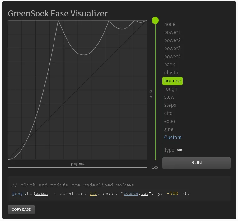 greensock ease visualizer using the bounce.out ease