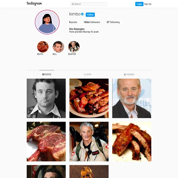 The Instagram page for kimbo. Kimbo's description reads: Pork and Bill Murray fo evah. All her posts are pics of pork or Bill Murray.