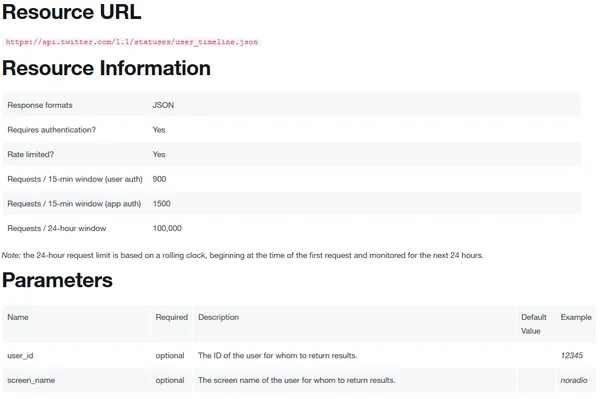Twitter API user timeline request and response