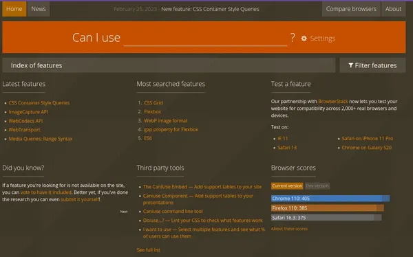 a screenshot of the homepage of caniuse.com. It shows a prominent search bar to look for the browser support for web features