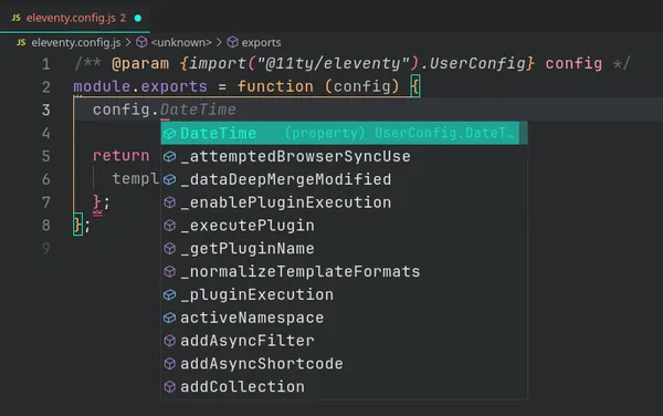 default autocompletion in eleventy config file