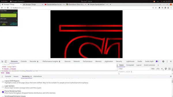 frame rendering stats in chrome devtools when targetting the title is 58.3 frames per second