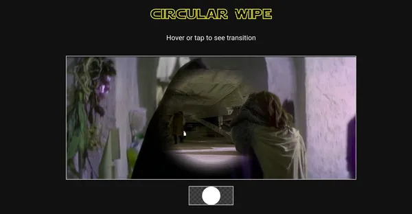 A screenshot of a demo of a circular wipe transition between 2 images of scenes from Star Wars. The center of the image shows a partial glimpse of the second image.