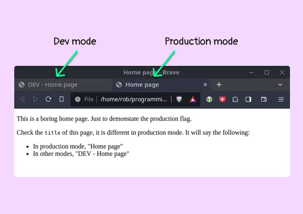two tabs open in a browser. the left tab shows the title 'dev - home page' for the dev version of the website, and the right tab has the title 'home page' for the production version of the website
