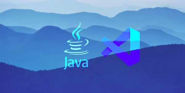 The java and VS code logos are tinted with blue. There are against a blueish background with the silhouettes of hills.