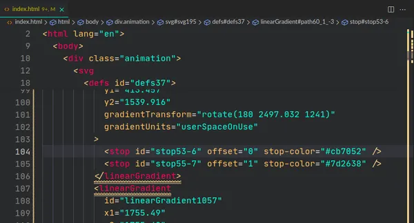 Demonstration of the editor.stickyScroll.enabled setting on a HTML file.