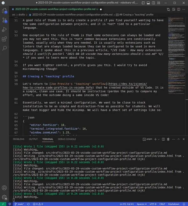 Editing a markdown file with the new teaching profile active