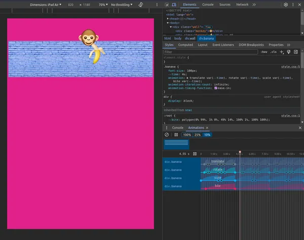 the eat banana animtion is open in google chrome. the devtools are open with the animation panel visible showing 4 timelines of: scale, translate, rotate, and bite.
