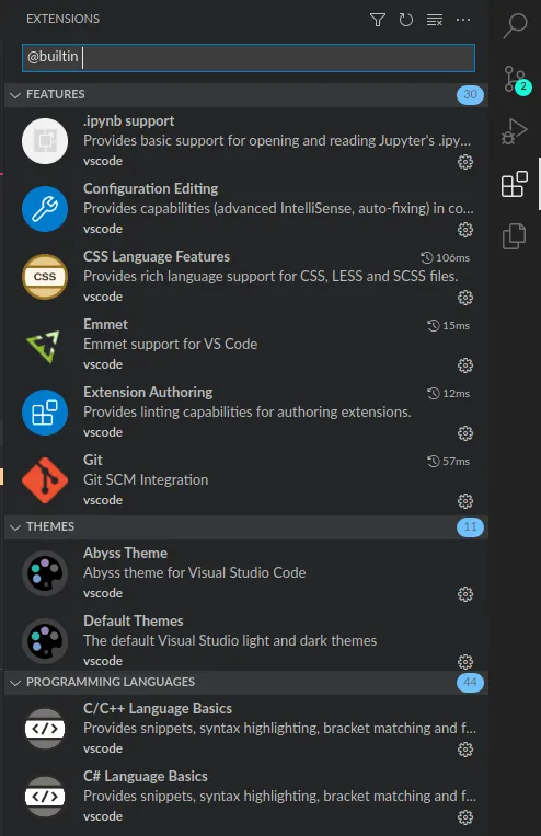 builtin extension list