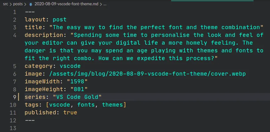 view of metadata yaml section of a blog post