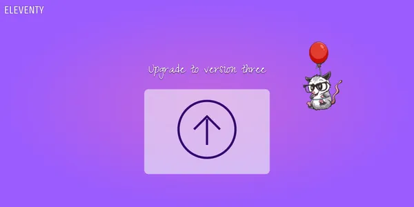 A dark purple upgrade icon, a circle with an arrow pointing up, is in the center of the frame. The eleventy possum floating beside it on a balloon. It is cast againt a soft purple background.
