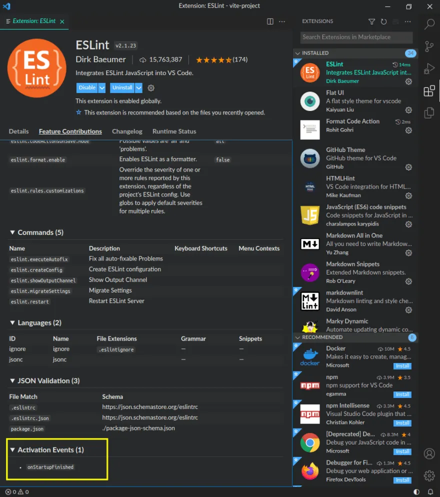 activation events show in Feature Contributions tab for ESLint