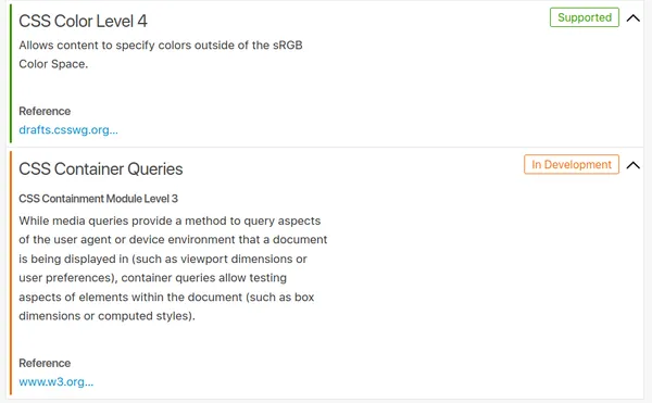 screenshot of webkit feature statuses for CSS Color Module 4 and Container Queries